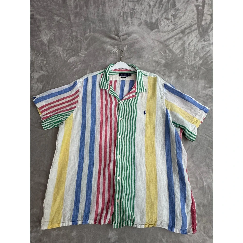 Polo Ralph Lauren Mens Linen Multi Color Striped Short Sleeve Camp Shirt 1404